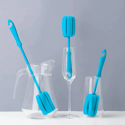 Vista 6 de Cepillo de limpieza de botellas de esponja suave azul azul con mango de plástico, cepillo de lavado de vasos, limpiador de ollas