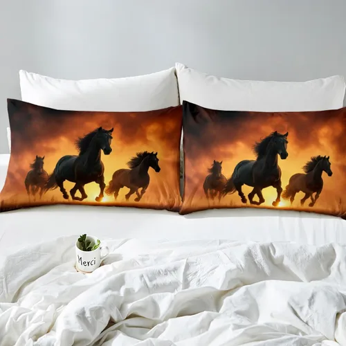 Vista 4 de Juego de ropa de cama de caballo negro, tamaño individual, sábana bajera ajustable de animales del oeste para niños, adultos, niños y hombres, juego