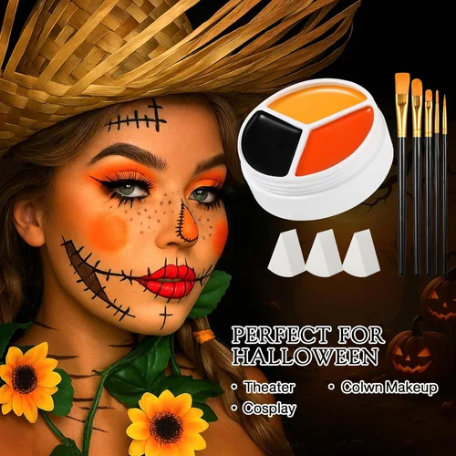 Vista 5 de Pintura corporal negra, naranja y amarilla, kit de maquillaje de espantapájaros de Halloween (3 esponjas + 5 pinceles), 9 piezas de pintura facial