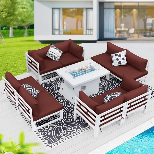 Vista 54 de BULEXYARD - Sofá modular de aluminio para exteriores con mesa para fogata, 7 piezas, color verde azulado