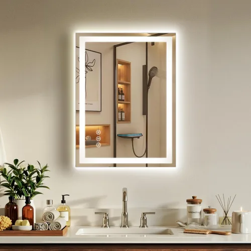 Vista 14 de Espejo de baño LED de 16 x 24 pulgadas con luces, antiniebla, retroiluminado + luz frontal, espejo de tocador de baño iluminado para pared, función