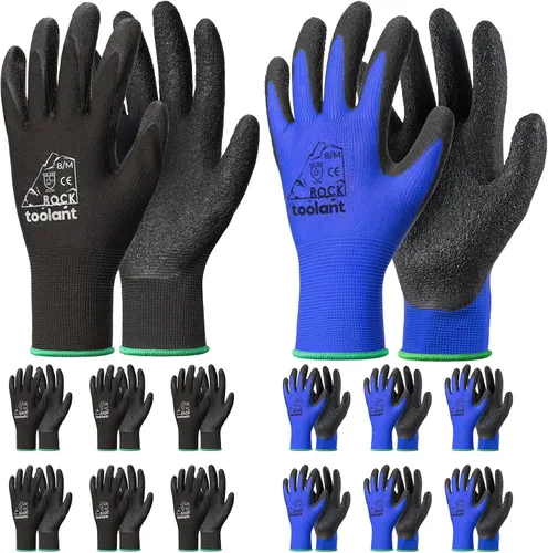 Vista 16 de toolant Guantes de trabajo de látex arrugado a granel, guantes de seguridad con revestimiento de goma para hombres y mujeres, 12 pares para Negro