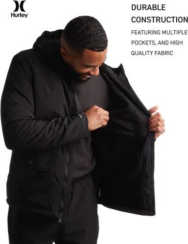 Vista 5 de Hurley Chaqueta de Invierno para Hombre - Parka Cálida con Cremallera y Capucha, Forrada de Sherpa, con Múltiples Bolsillos (Tallas S-XL)