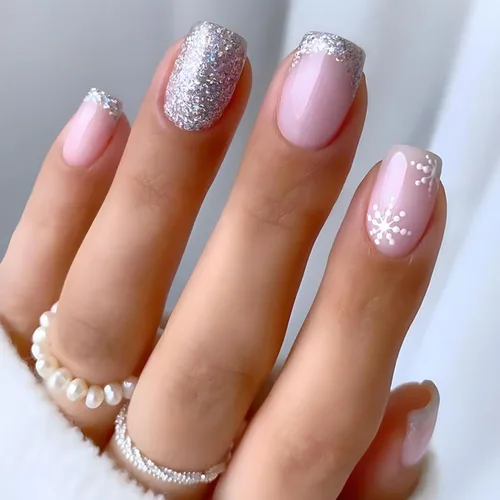 Vista 10 de Uñas postizas a presión con copos de nieve, uñas postizas cuadradas cortas de Navidad, uñas acrílicas negras con purpurina, kit de uñas postizas