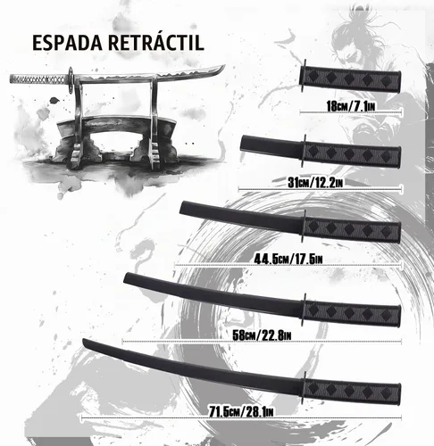 Vista 6 de 2 PCS 3D Impreso Gravedad Retráctil Samurai Espada Modelo Juguetes Halloween Juguete Portátil Espada Samurai Gravity-powered segments extend from