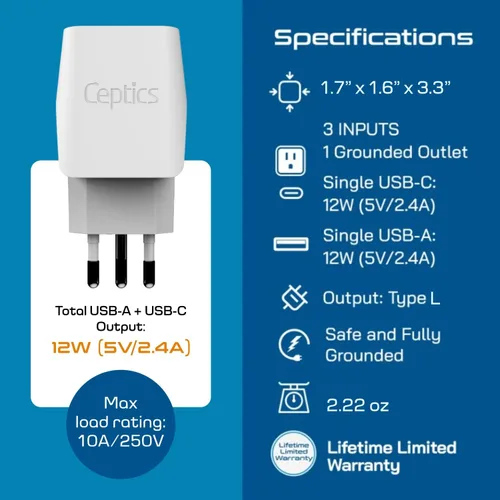Vista 4 de Adaptador de viaje Ceptics, de EE. UU. a Japón, Filipinas, con doble USB, tipo A, ultra compacto Tipo L - Italia