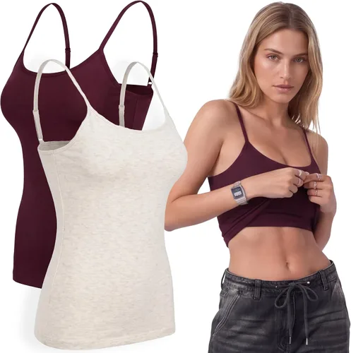 Vista 118 de Emmalise Camiseta de mujer con brasier integrado, soporte de tela sin varillas, camisola corta