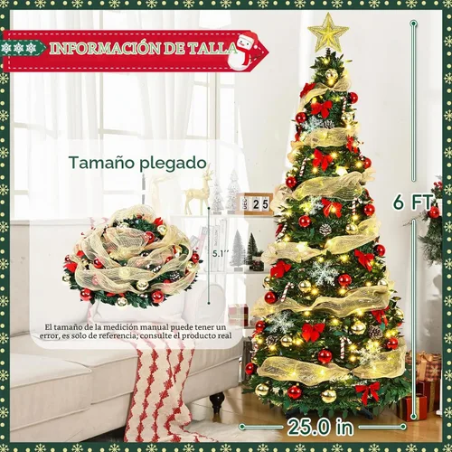 Vista 4 de Árbol de Navidad artificial preiluminado de 1,8 m, con control remoto, 150 luces LED cálidas, cinta dorada, fácil de montar, plegable