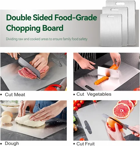 Vista 5 de Juego de tabla de cortar de titanio de 3, tablas de cortar 100% puras de titanio para cocina, nueva tabla de cortar de doble cara de grado