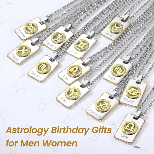 Vista 4 de GOLDCHIC JEWELRY Zodiac Tag Necklace for Men, Stainless Steel Constellation Horoscope Astrology Pendant Necklaces Lucky Jewelry