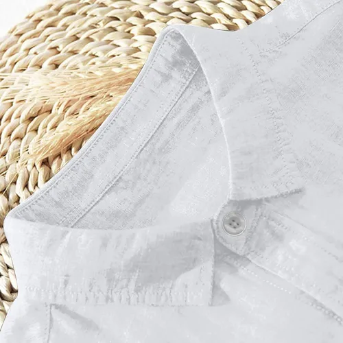 Vista 4 de Camisas de lino de manga larga para hombre, camisa casual sin cuello, cuello alto, camiseta de verano, camisas de manga larga, casuales, M-3XL