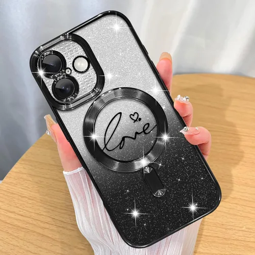 Vista 41 de ZIYE - Funda magnética diseñada para iPhone 13 con purpurina, color negro Luxury Plating Love Heart Compatible with MagSafe Camera Protection