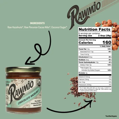 Vista 3 de Rawmio Crema de chocolate y avellanas, tarro de 6 onzas, 6 porciones por frasco, crudo, orgánico, vegano, sin gluten