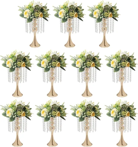 Vista 18 de Juego de 10 portavelas de metal dorado de 10.2 pulgadas de alto, florero, arreglo floral, candelabro, candelabro, portavelas para bodas, fiestas