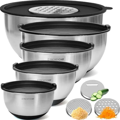 Vista 9 de Priority Chef Juego de tazones para mezclar de acero inoxidable con tapas, 3 accesorios para rallar, tapas herméticas, base de silicona