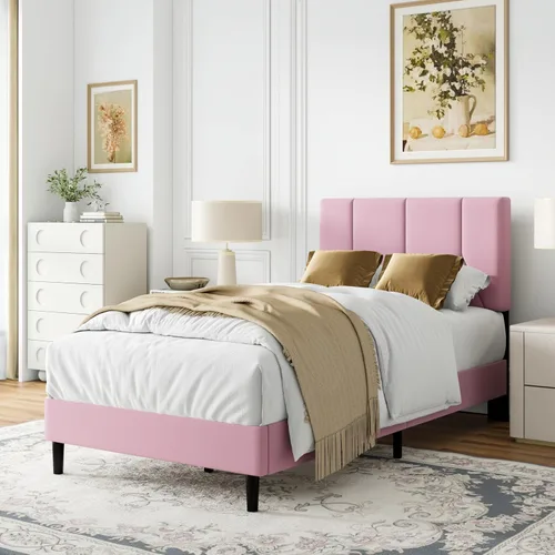 Vista 14 de IOILORI Base de cama tamaño matrimonial con cabecera tapizada de terciopelo, listones de madera resistentes, sin caja de resortes, sin ruido, fácil