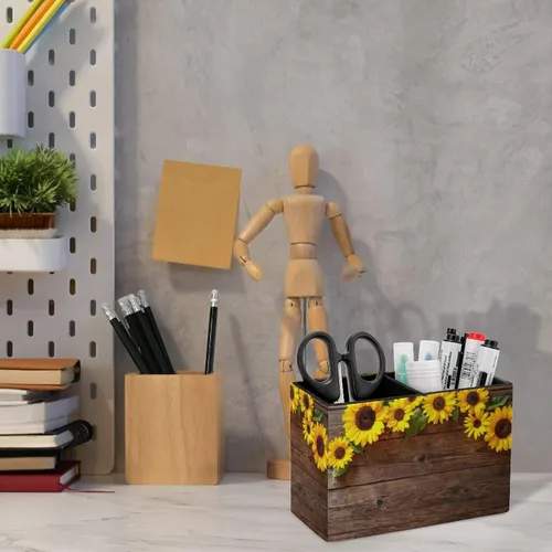 Vista 6 de Soporte para bolígrafos, soporte para lápices para organizador de escritorio, girasol floral de madera, tazas de cuero sintético, almacenamiento
