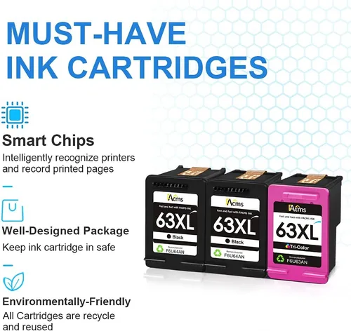 Vista 5 de Paquete de 3 cartuchos de tinta 63XXL de repuesto para cartuchos de tinta HP 63XL 63XL 63 XL, funciona con Officejet 3830 4650 4652 4655 5200 5255