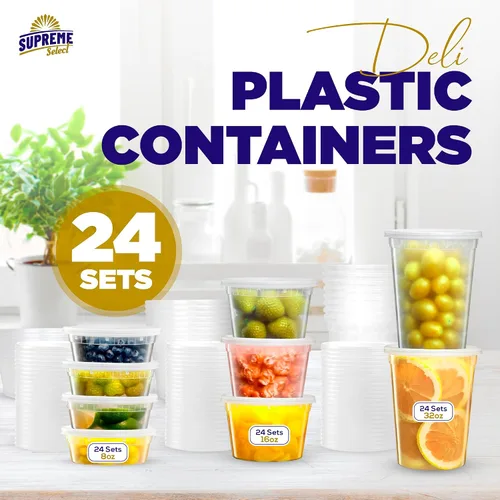 Vista 2 de Supreme Deli Contenedores de almacenamiento de plástico con tapas, 8 onzas, 16 onzas, 32 onzas [8 juegos de cada uno – 24 paquetes combinados]