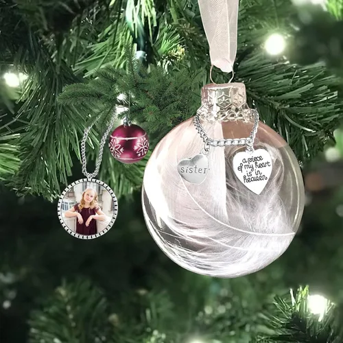 Vista 3 de Adorno conmemorativo de Navidad, bola de plumas transparentes con marco de fotos personalizado, A Piece of My Heart is in Heaven, regalos