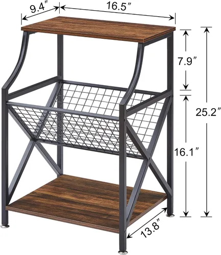 Vista 3 de VECELO Mesita de noche de 3 niveles con soporte para revistas en forma de V, mesita de noche pequeña con estante de almacenamiento abierto para sala