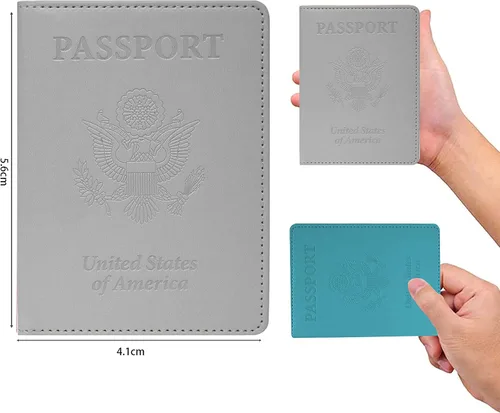 Vista 5 de Combo de soporte para pasaporte, pasaporte y tarjetero de vacunación, Gris plateado + azul marino, piel sintética