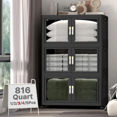 Vista 16 de Contenedor de almacenamiento apilable de 48 cuartos de galón con tapa, ruedas y puerta, organizador plegable de 12 galones para dormitorio, estudio