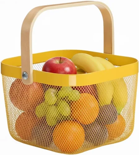 Vista 14 de Cesta organizadora de almacenamiento de malla de acero, cesta de frutas con mango de madera, ideal para cocina, baño, cestas de picnic, despensa