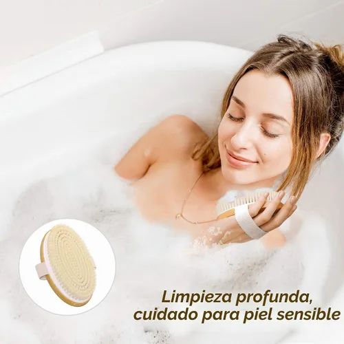 Vista 6 de Metene Cepillo corporal de cepillado en seco con cerdas naturales suaves y rígidas, cepillo exfoliante corporal/masaje para celulitis y linfática