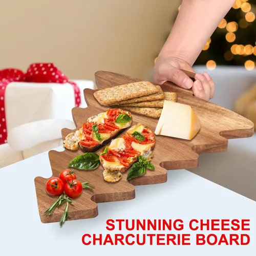 Vista 4 de Tablas únicas de charcutería con forma de árbol de Navidad, regalos de decoración, tablas de cortar de madera de acacia, bandejas de verduras