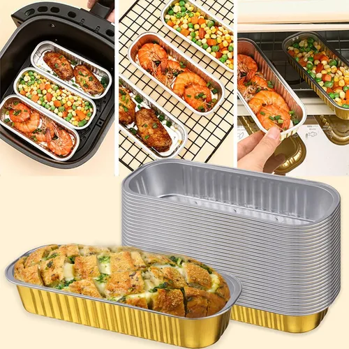 Vista 2 de 100 juegos de mini moldes para pasteles con tapas, mini moldes para pan, moldes rectangulares de aluminio para hornear, recipientes para ramequines