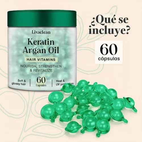 Vista 2 de LivaClean Cápsulas de suero capilar de 60 CT para cabello encrespado, dañado, vitaminas para el cabello, queratina y aceite de argán con biotina
