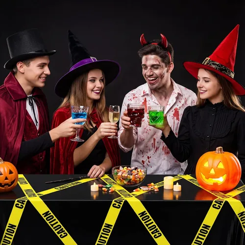 Vista 5 de Irenare 3 piezas de suministros de fiesta de cumpleaños de construcción de Halloween, cinta de precaución de plástico desechable, mantel de Negro
