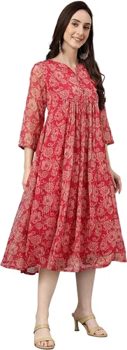 Vista 3 de Janasya Indian - Vestido acampanado de gasa rosa oscuro con estampado floral lúrex para mujer