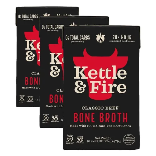 Vista 24 de Kettle and Fire Classic - Caldo de hueso de ternera, aprobado por Keto, Paleo, y Whole 30, sin gluten, alto en proteínas y colágeno, paquete de 4