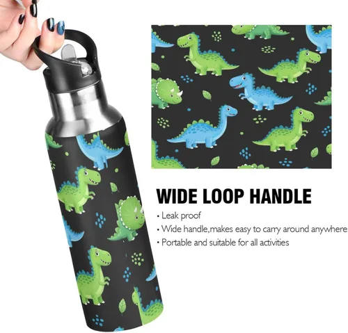 Vista 4 de Insulated Stainless Steel Water Bottle with Straw 20 Oz, Leakproof Water Bottles for Gym Outdoor Travel School, Cartoon Dinosaurs Dot Black