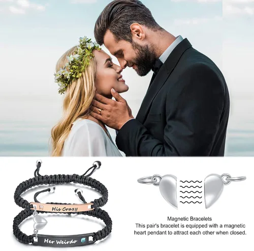 Vista 3 de MEALGUET - Pulseras magnéticas personalizadas para parejas de atracción mutua, pulseras de identificación trenzadas con nombre, conjunto de pulseras