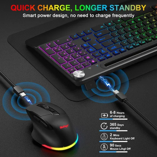 Vista 7 de BlueFinger Combo de teclado y mouse inalámbricos retroiluminados, teclado ergonómico recargable de 2.4 G con reposamuñecas, soporte para teléfono