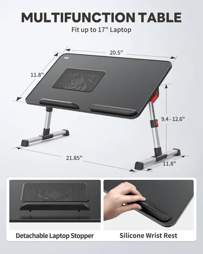 Vista 6 de Mesa para portátil para cama con ventilador de enfriamiento, SAIJI Soporte para portátil ajustable en altura y ángulo para cama, mesa para portátil
