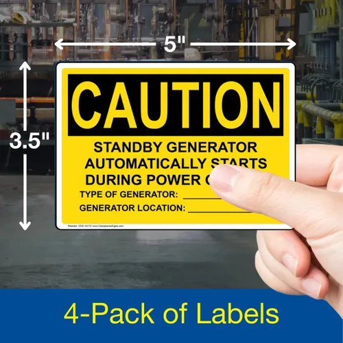 Vista 2 de ComplianceSigns. com PRECAUCIÓN El generador de espera comienza automáticamente la etiqueta de OSHA, 5x3.5 pulgadas 4-Pack de vinilo