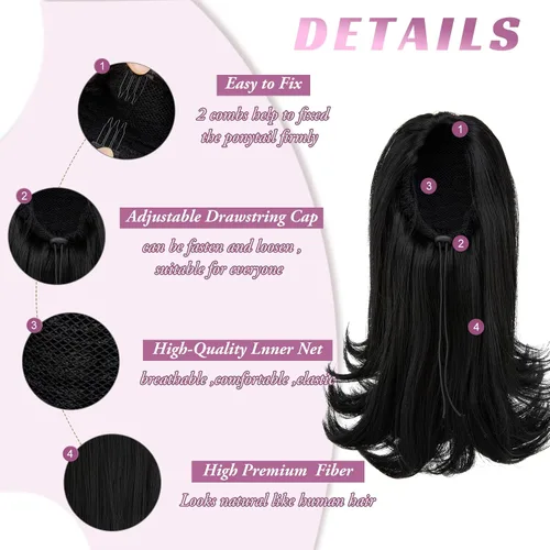 Vista 3 de Extensión de cabello corto negro con cordón para mujeres negras, cola de caballo recta de 14 pulgadas con rizos finales, postizos sintéticos