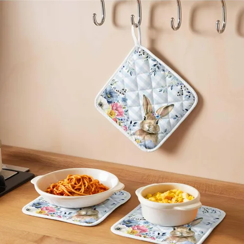 Vista 6 de Juego de soportes para ollas de Pascua azules para cocina, platos de sartén para horno, tapete a prueba de calor con lazo para colgar, agarraderas