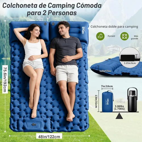 Vista 4 de HiiPeak Colchoneta doble para acampar – Colchón de gamuza superior de camping con almohada, bomba de pie integrada, alfombrilla portátil inflable
