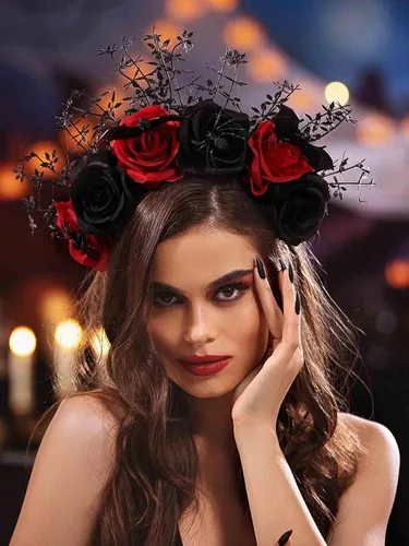 Vista 4 de Woeoe Diadema de Halloween FLower con diseño de araña, Día de los Muertos, diseño floral, para disfraz de murciélago y fiesta para mujeres y niñas