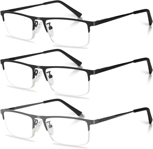 Vista 10 de Paquete de 3 lentes de lectura para hombre, ligeros marcos de metal con bloqueo de luz azul, filtro elegante para rayos UV/deslumbramiento de Negro
