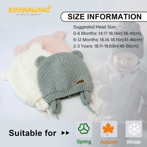 Vista 6 de XIAOHAWANG Gorro de bebé con solapas de orejas para otoño e invierno, diseño de oso