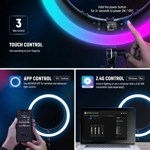 Vista 2 de NEEWER - Anillo de luz RGB LED de 19 pulgadas con soporte, 3 soportes para teléfono, panel táctil, control 2.4G/App, 42W CRI97+ 2800lux/0.5m 360°