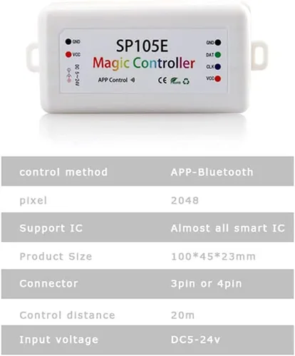 Vista 3 de Controlador de tira LED de píxeles WS2811 WS2812B WS2813 WS2815 Pixeles LED Bluetooth SP105E Controlador LED inteligente DC5-24V (SP105E)