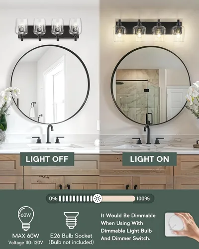 Vista 5 de Lámparas de baño, lámpara de tocador moderna de 4 luces con pantalla en forma de copa de vino de vidrio transparente, accesorios de iluminación Negro