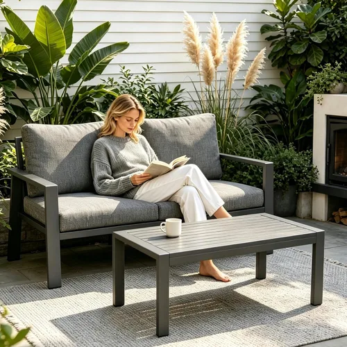 Vista 14 de Juego de muebles de aluminio para exteriores para todo tipo de clima, sofá seccional con mesa auxiliar y cojines con fundas extraíbles para terraza